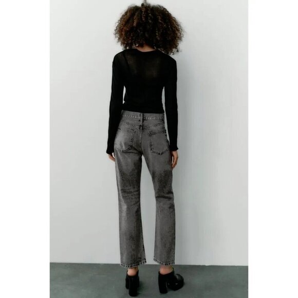 NWT Zara light wash black sparkle embellished mid rise straight leg jeans, 10 - Picture 6 of 15